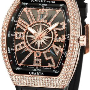 FANMIS Mens Skull Big Face Watches Rectangle Punk Diamond Dial Leather Strap Calendar Quartz Sports Wrist Watch