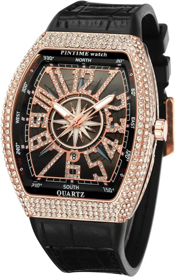 FANMIS Mens Skull Big Face Watches Rectangle Punk Diamond Dial Leather Strap Calendar Quartz Sports Wrist Watch