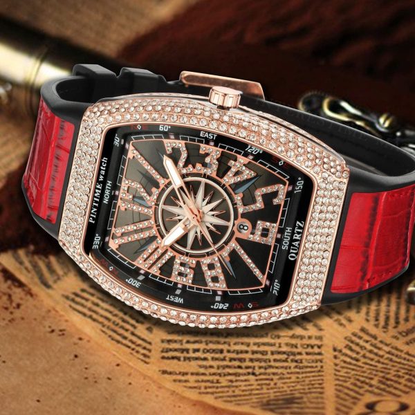 FANMIS Mens Skull Big Face Watches Rectangle Punk Diamond Dial Leather Strap Calendar Quartz Sports Wrist Watch - Image 9