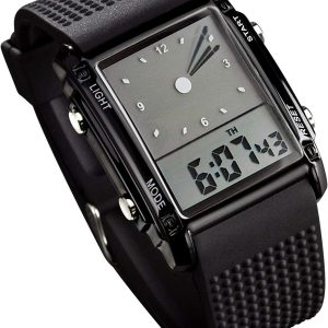 FANMIS Men's Rectangle Dial Sports Wrist Watches with 7 Colors Optional LED Backlight Multifunctional Alarm Stopwatch 12/24H Rubber Strap Watch