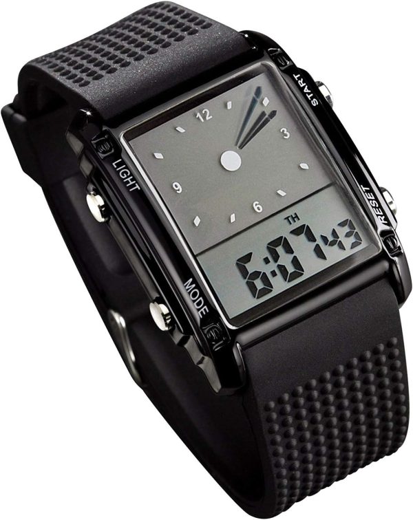 FANMIS Men's Rectangle Dial Sports Wrist Watches with 7 Colors Optional LED Backlight Multifunctional Alarm Stopwatch 12/24H Rubber Strap Watch