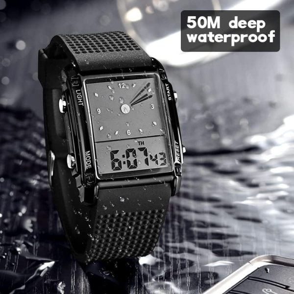 FANMIS Men's Rectangle Dial Sports Wrist Watches with 7 Colors Optional LED Backlight Multifunctional Alarm Stopwatch 12/24H Rubber Strap Watch - Image 2