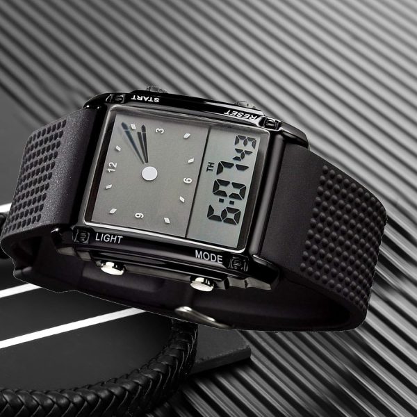 FANMIS Men's Rectangle Dial Sports Wrist Watches with 7 Colors Optional LED Backlight Multifunctional Alarm Stopwatch 12/24H Rubber Strap Watch - Image 4