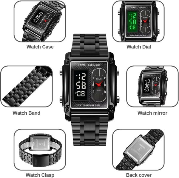FANMIS Men's Rectangle Dial Sports Wrist Watches with 7 Colors Optional LED Backlight Multifunctional Alarm Stopwatch 12/24H Rubber Strap Watch - Image 9