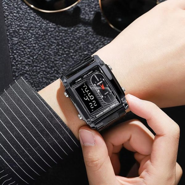 FANMIS Men's Rectangle Dial Sports Wrist Watches with 7 Colors Optional LED Backlight Multifunctional Alarm Stopwatch 12/24H Rubber Strap Watch - Image 12