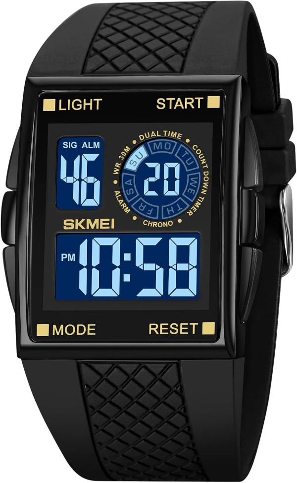 FANMIS Men's Rectangle Dial Sports Wrist Watches with 7 Colors Optional LED Backlight Multifunctional Alarm Stopwatch 12/24H Rubber Strap Watch - Image 13