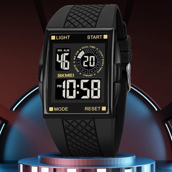 FANMIS Men's Rectangle Dial Sports Wrist Watches with 7 Colors Optional LED Backlight Multifunctional Alarm Stopwatch 12/24H Rubber Strap Watch - Image 14