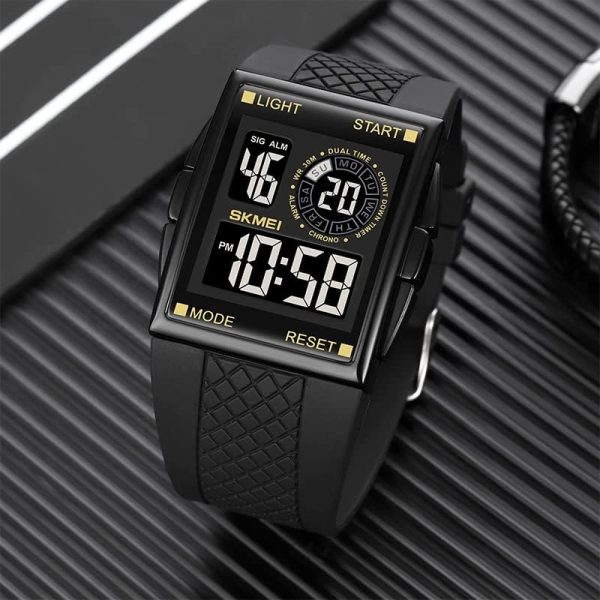 FANMIS Men's Rectangle Dial Sports Wrist Watches with 7 Colors Optional LED Backlight Multifunctional Alarm Stopwatch 12/24H Rubber Strap Watch - Image 15