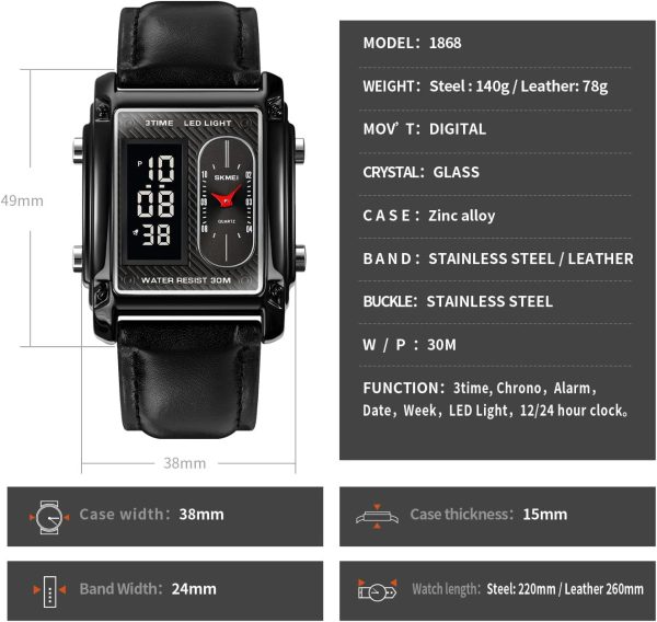 FANMIS Men's Rectangle Dial Sports Wrist Watches with 7 Colors Optional LED Backlight Multifunctional Alarm Stopwatch 12/24H Rubber Strap Watch - Image 25