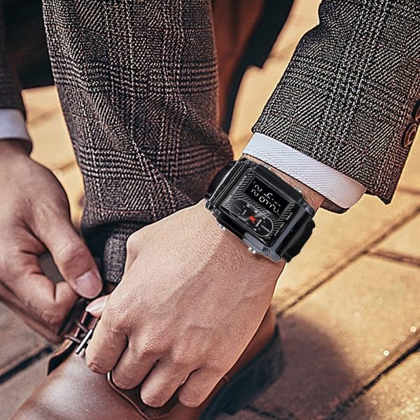 FANMIS Men's Rectangle Dial Sports Wrist Watches with 7 Colors Optional LED Backlight Multifunctional Alarm Stopwatch 12/24H Rubber Strap Watch - Image 27