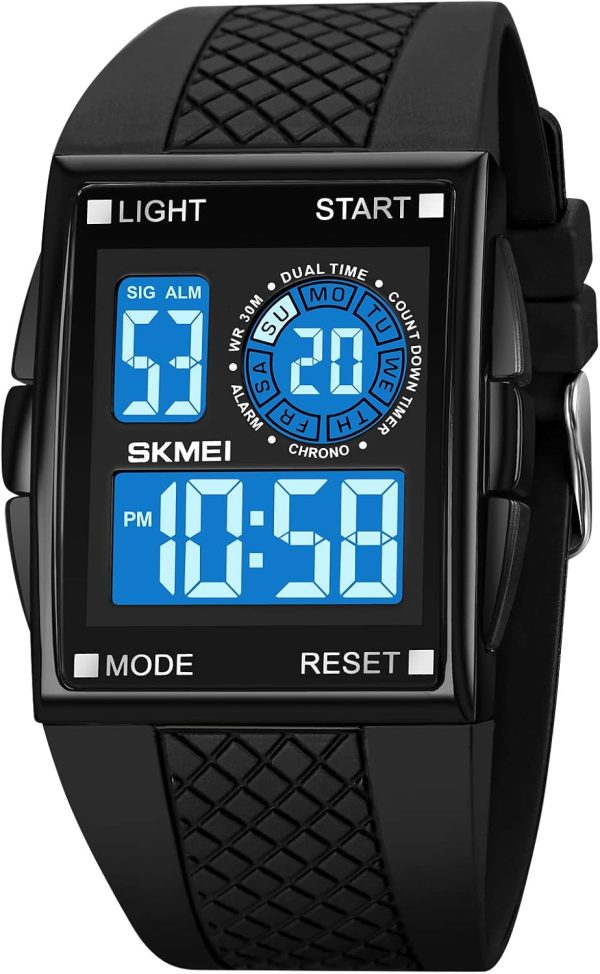 FANMIS Men's Rectangle Dial Sports Wrist Watches with 7 Colors Optional LED Backlight Multifunctional Alarm Stopwatch 12/24H Rubber Strap Watch - Image 29