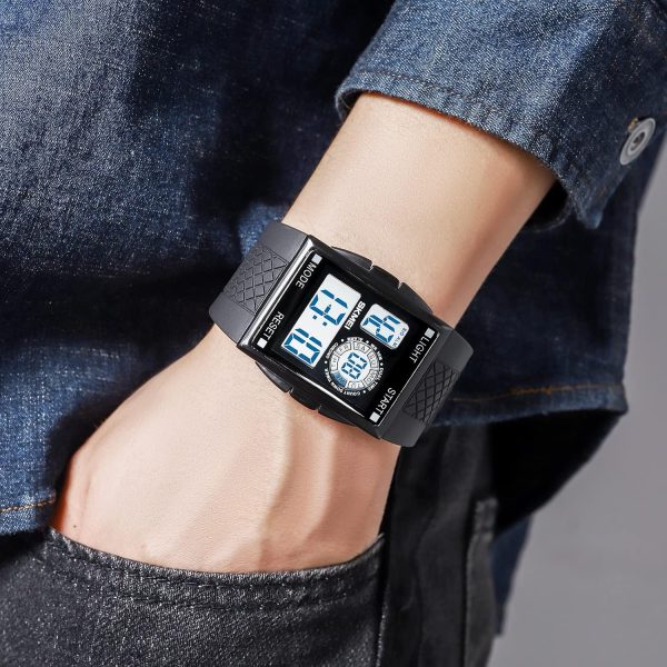FANMIS Men's Rectangle Dial Sports Wrist Watches with 7 Colors Optional LED Backlight Multifunctional Alarm Stopwatch 12/24H Rubber Strap Watch - Image 34