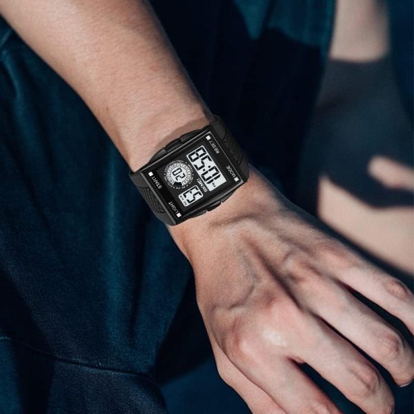 FANMIS Men's Rectangle Dial Sports Wrist Watches with 7 Colors Optional LED Backlight Multifunctional Alarm Stopwatch 12/24H Rubber Strap Watch - Image 36