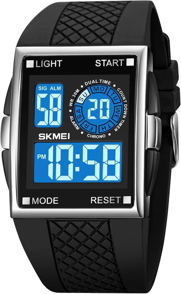 FANMIS Men's Rectangle Dial Sports Wrist Watches with 7 Colors Optional LED Backlight Multifunctional Alarm Stopwatch 12/24H Rubber Strap Watch - Image 37