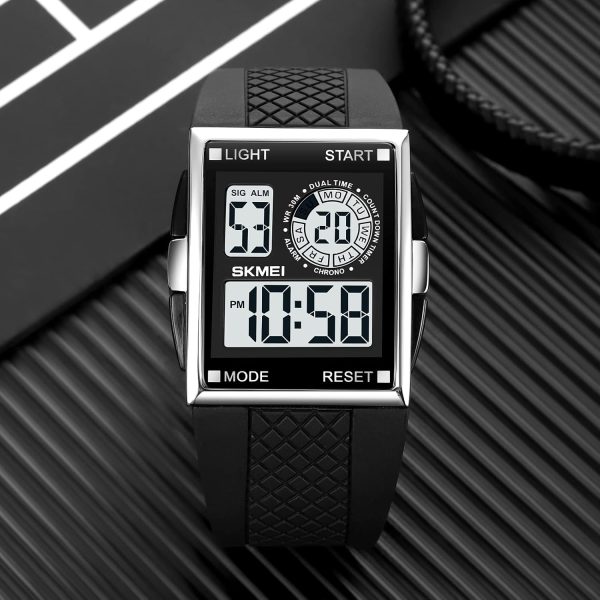 FANMIS Men's Rectangle Dial Sports Wrist Watches with 7 Colors Optional LED Backlight Multifunctional Alarm Stopwatch 12/24H Rubber Strap Watch - Image 38