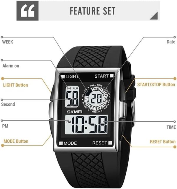FANMIS Men's Rectangle Dial Sports Wrist Watches with 7 Colors Optional LED Backlight Multifunctional Alarm Stopwatch 12/24H Rubber Strap Watch - Image 40