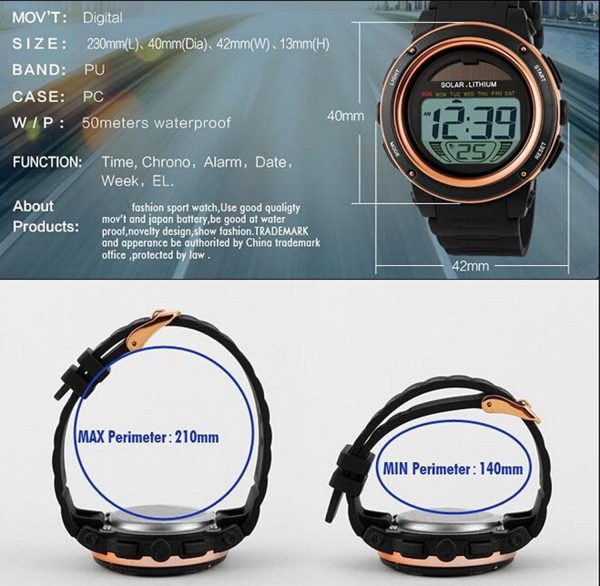 FANMIS Multi Function Alarm Sports Watches Stopwatch Digital LED Quartz Watch Solar Power Black Outdoor Sports Watches - Image 5