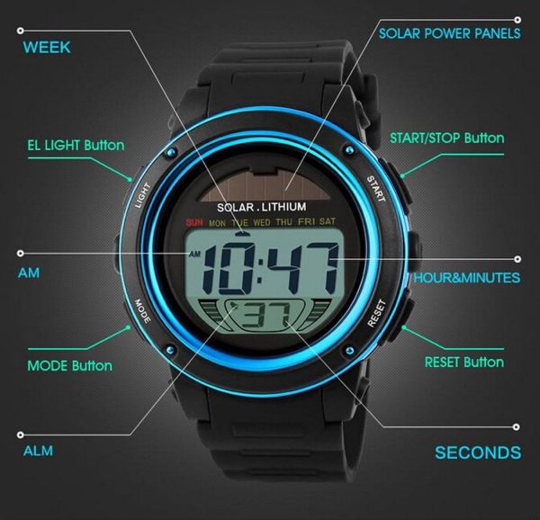 FANMIS Multi Function Alarm Sports Watches Stopwatch Digital LED Quartz Watch Solar Power Black Outdoor Sports Watches - Image 6