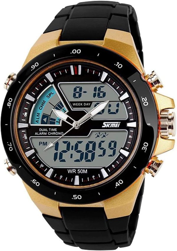 FANMIS Men's Analog Digital 50M Waterproof Sports Watch Military Multifunction Stopwatch Alarm Backlight Gold Watch