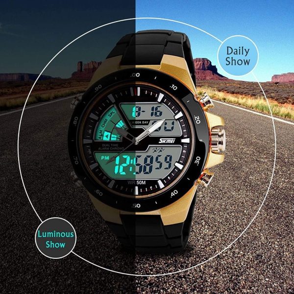 FANMIS Men's Analog Digital 50M Waterproof Sports Watch Military Multifunction Stopwatch Alarm Backlight Gold Watch - Image 2