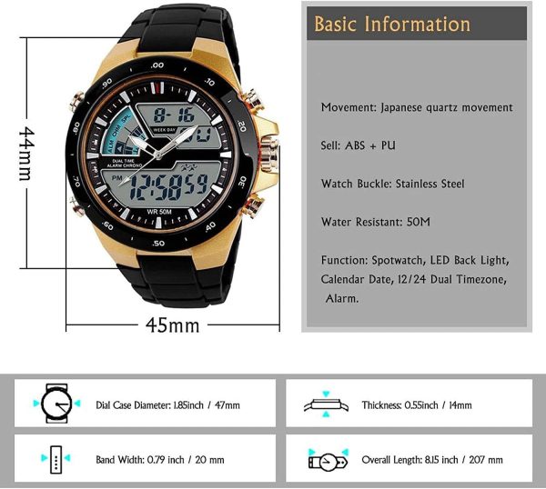 FANMIS Men's Analog Digital 50M Waterproof Sports Watch Military Multifunction Stopwatch Alarm Backlight Gold Watch - Image 3