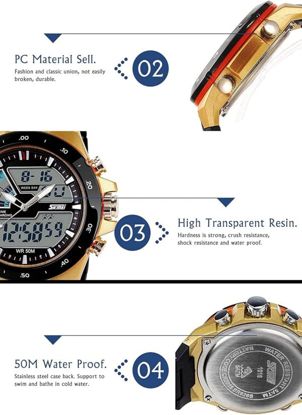 FANMIS Men's Analog Digital 50M Waterproof Sports Watch Military Multifunction Stopwatch Alarm Backlight Gold Watch - Image 4