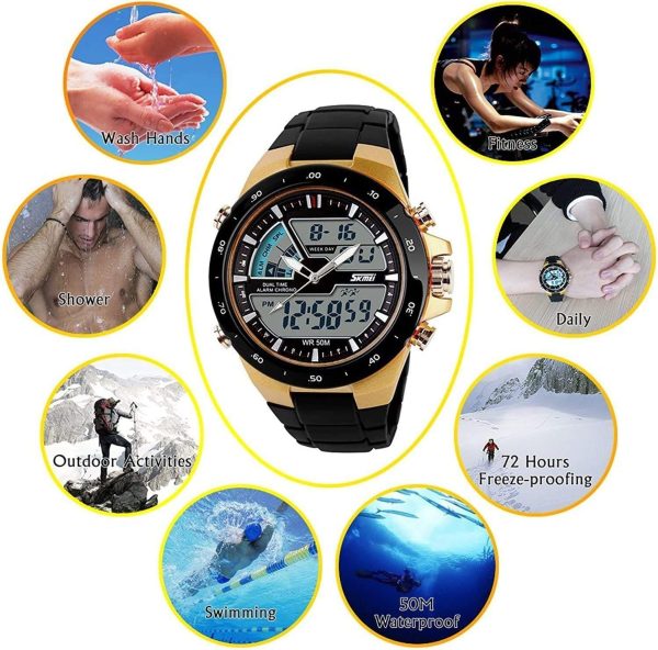 FANMIS Men's Analog Digital 50M Waterproof Sports Watch Military Multifunction Stopwatch Alarm Backlight Gold Watch - Image 7