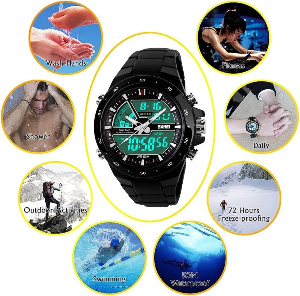 FANMIS Men's Analog Digital 50M Waterproof Sports Watch Military Multifunction Stopwatch Alarm Backlight Gold Watch - Image 15