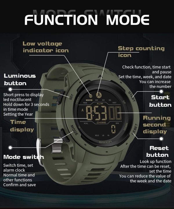 FANMIS Unisex Pedometer Watches Military Multifunctional 50M Waterproof Digital Outdoor Sports Watch - Image 4