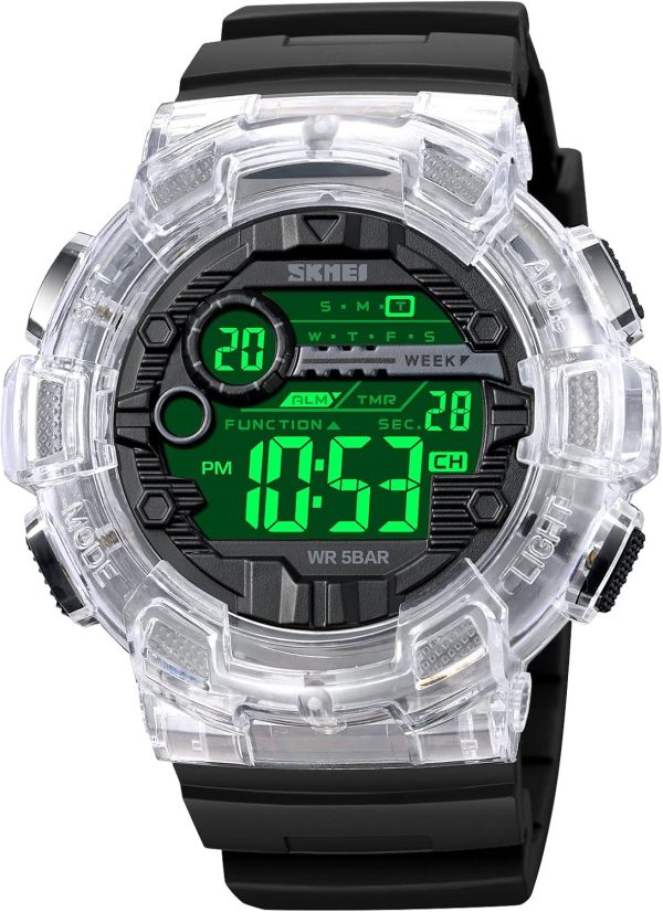 FANMIS Mens Digital LED Sports Watch Military Multifunction Dual Time Alarm Countdown Stopwatch 12H/24H Time Backlight 164FT 50M Waterproof Calendar Month Day Date Watch