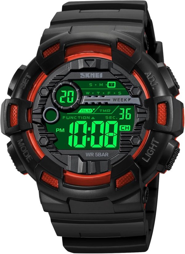 FANMIS Mens Digital LED Sports Watch Military Multifunction Dual Time Alarm Countdown Stopwatch 12H/24H Time Backlight 164FT 50M Waterproof Calendar Month Day Date Watch - Image 8