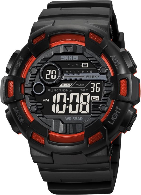 FANMIS Mens Digital LED Sports Watch Military Multifunction Dual Time Alarm Countdown Stopwatch 12H/24H Time Backlight 164FT 50M Waterproof Calendar Month Day Date Watch - Image 9