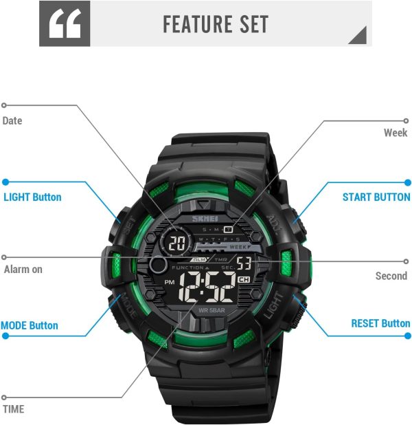 FANMIS Mens Digital LED Sports Watch Military Multifunction Dual Time Alarm Countdown Stopwatch 12H/24H Time Backlight 164FT 50M Waterproof Calendar Month Day Date Watch - Image 14