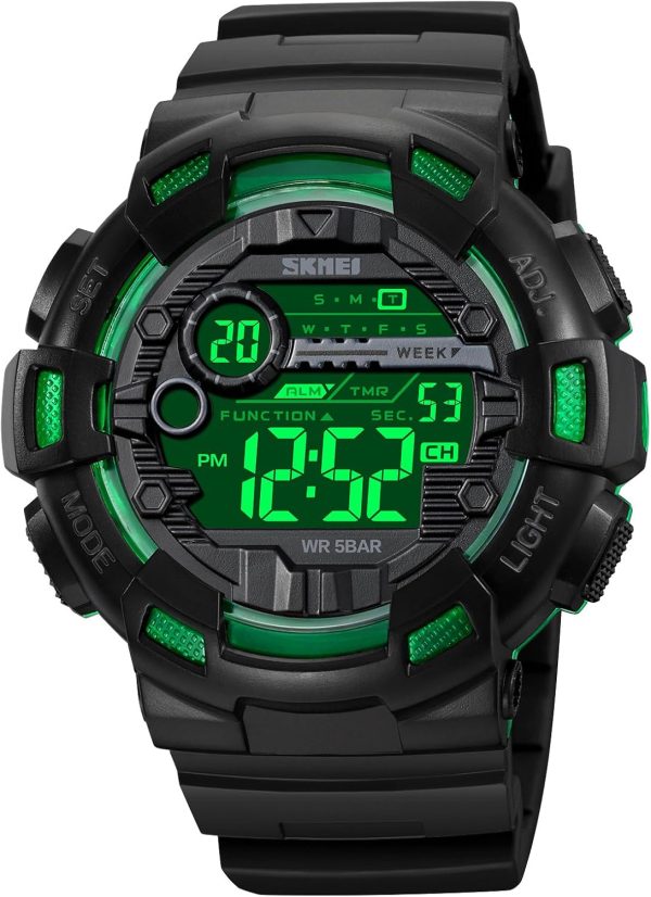 FANMIS Mens Digital LED Sports Watch Military Multifunction Dual Time Alarm Countdown Stopwatch 12H/24H Time Backlight 164FT 50M Waterproof Calendar Month Day Date Watch - Image 16