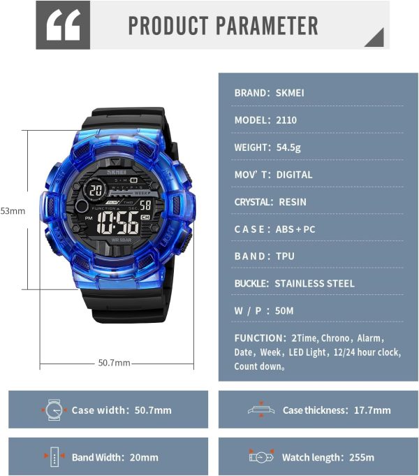 FANMIS Mens Digital LED Sports Watch Military Multifunction Dual Time Alarm Countdown Stopwatch 12H/24H Time Backlight 164FT 50M Waterproof Calendar Month Day Date Watch - Image 25