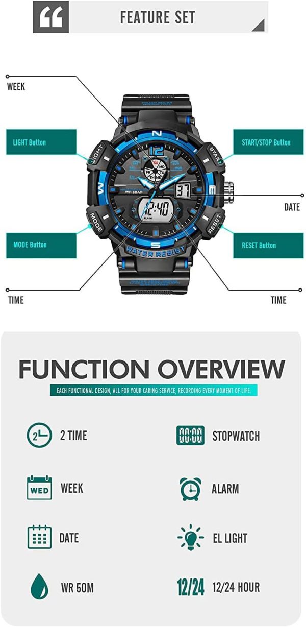 FANMIS Mens Analog Digital Sports Watch Large Face Outdoor Sports Waterproof Military Wrist Watches with Date Multifunction Tactics LED Army Watch Backlight Stopwatch (Black) - Image 25
