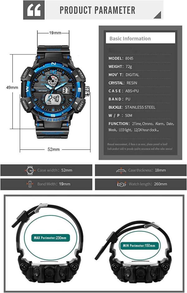 FANMIS Mens Analog Digital Sports Watch Large Face Outdoor Sports Waterproof Military Wrist Watches with Date Multifunction Tactics LED Army Watch Backlight Stopwatch (Black) - Image 26