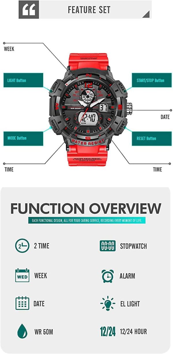 FANMIS Mens Analog Digital Sports Watch Large Face Outdoor Sports Waterproof Military Wrist Watches with Date Multifunction Tactics LED Army Watch Backlight Stopwatch (Black) - Image 34